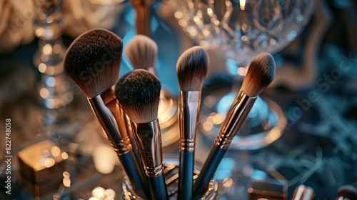 A set of makeup brushes with black handles and brown bristles, arranged on a stone surface decorated with brown and cream-colored dried plants.