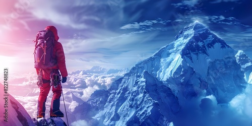 Overcoming Fear of Heights: Mountain Climber Scales Holographic Mount Everest. Concept Fear of Heights, Holographic Challenge, Mountain Climbing, Overcoming Fear, Triumph