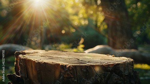 Tree trunk stump as a table in a nature garden park on holiday With a drooping tree branch trunk with a smooth surface to show your products trees and sunlight in background : Generative AI