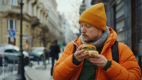 Stylish caucasian man in orange jacket green sweater and yellow hat eats burger on city street of Wroclaw Poland : Generative AI