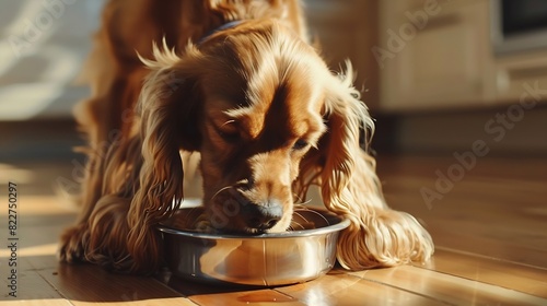 English cocker spaniel dog eating food drinking water from bowl on the floot in the kitchen home : Generative AI