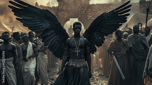 a cinematic still of an African angelic being with black wings standing over group people, muted colors, high contrast lighting