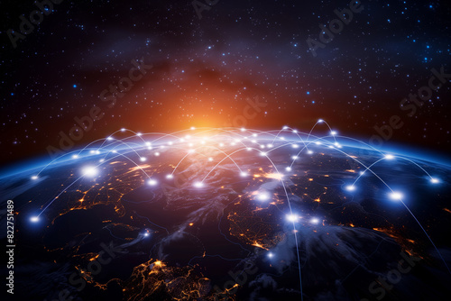 Global network on earth from space, world finance connectivity, business trading, telecommunications