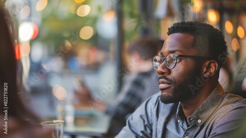 A person sitting at a coffee shop practicing mindful listening by tuning out the background noise and fully focusing on their conversation partner.