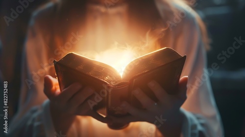 Light coming from book in womans hands in gesture of giving offering Concept of wisdom religion reading imagination : Generative AI