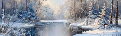 Painting of a snowy river with trees and snow covered ground. Winter background. Banner