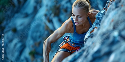 Focused rock climber ascends steep cliff muscles tense determined expression conquering challenge. Concept Rock Climbing, Determination, Adventure, Overcoming Fears, Physical Strength