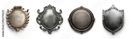 Collection of four elegant metal badge plates on white background