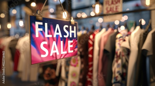 Fashion stores are holding promotions Flash sale discount. Clothing shop with Flash Sale written on the clothes hanger on the shop shelf. 