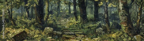 Exploring mystical beauty with verdant moss in enchanted forest sanctuary concept art for thematic exhibitions.