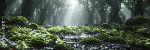 Magical forest sanctuary for fantasy film backdrops, with intricate mossy overgrowth and canopy-filtered sunlight