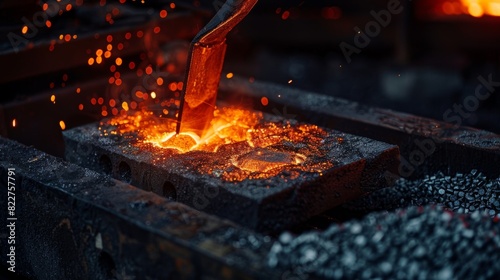 A pair of redhot tongs lifting a glowing piece of metal out of the furnace.