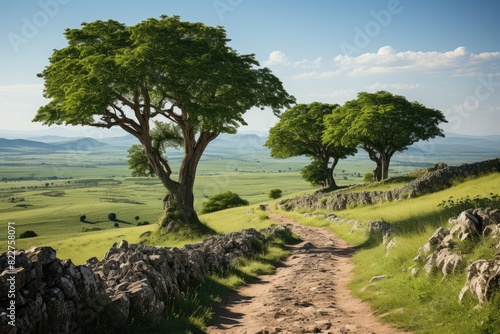 Serene panorama of the plateau with majestic trees., generative IA