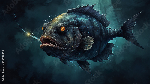 Watercolor painting: An anglerfish luring its prey with a bioluminescent appendage, its eerie glow and grotesque appearance evoking a sense of wonder.