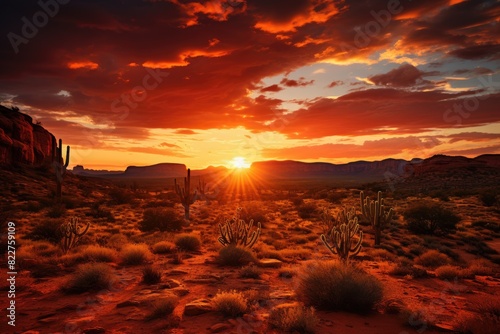 Cacti silhouettes in the desert sunset., generative IA