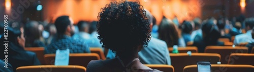 A young woman with curly hair sits in an auditorium, listening to a speech. She is wearing a suit and taking notes on her phone.