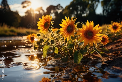Sunflowers on the edge of a stream under the sun., generative IA