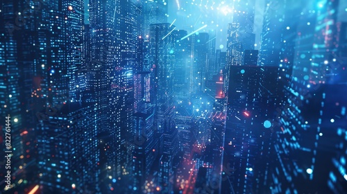 Abstract futuristic cityscape background with digital data and code glowing on glass, blue lights, blurred skyscrapers.