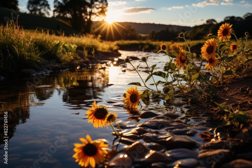 Sunflowers on the edge of a stream under the sun., generative IA