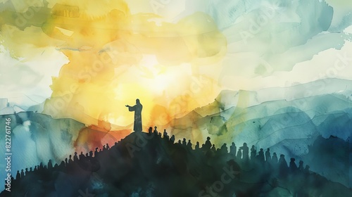 inspiring watercolor silhouette of jesus christ preaching to crowd from mountaintop spiritual landscape painting