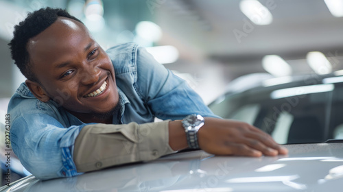 Happy Man Embraces New Car Hood, Leaning Over and Smiling Joyfully