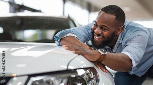 Cheerful Man Embraces New Car Hood, Smiling and Leaning Over It Happily