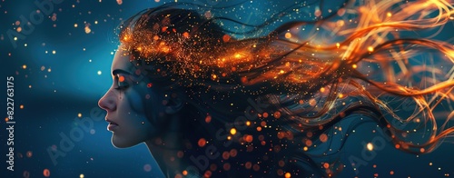 Beautiful woman with hair made of glowing orange and gold light particles.