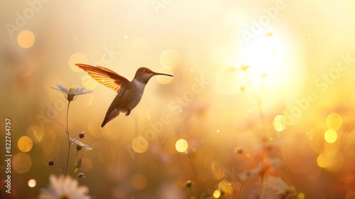 Sunlit Close-Up: Tiny Hummingbird Hovering Around a Small Flower in Bloom