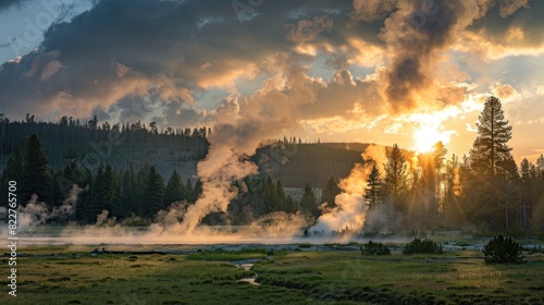 A sunset landscape at the Upper Geyser Basin in Yellowstone National Park, where steam rises from geyser vents and hot springs near a forest of lodgepole pine trees, and a herd of bison