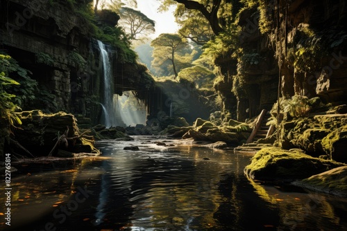 Hidden waterfall between trees and stones., generative IA