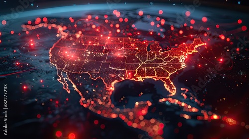 Marvel at this abstract view of North America from space, showcasing vibrant red fiber optic cables emerging from major cities, symbolizing digital connectivity and modern infrastructure.