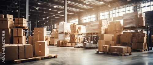 Soft focus on a warehouse interior filled with boxes and parcels, hinting at the logistics behind ecommerce, ecommerce background, with copy space