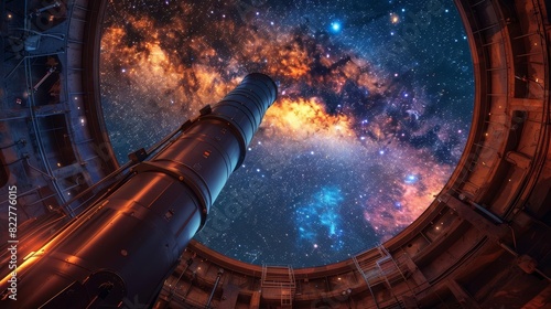 A large, hightech telescope in an observatory dome under a starry sky,