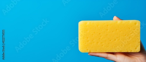 Yellow cleaning sponge gripped firmly in a human hand, symbolizing household chores and hygiene maintenance, with ample copy space on a striking bright blue background