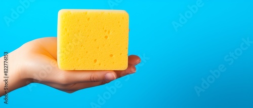Yellow cleaning sponge gripped firmly in a human hand, symbolizing household chores and hygiene maintenance, with ample copy space on a striking bright blue background