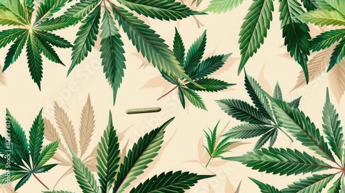 Cannabis leaves and joint on beige background,