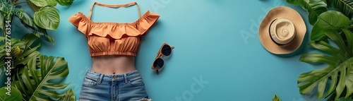 See a flat lay of a trendy summer top, shorts, and matching accessories