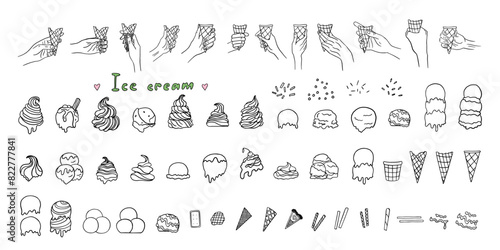 Ice cream constructor in doodle style. Prefabricated ice cream with various toppings, scoops and triple scoops ice cream and waffle cones. Hand with waffle cone. Waffle cones for ice cream