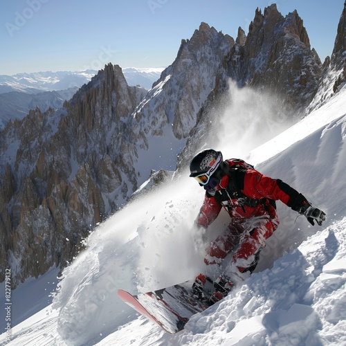 A snowboarder is riding down a mountain, with his snowboard and skis visible. The scene is dynamic and exciting, with the snowboarder skillfully navigating the slope