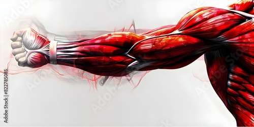 Anatomy of a Muscular Man's Arm: Detailed Image Showing Red and White Tissue. Concept Muscle Anatomy, Human Body, Red and White Tissue, Arm Muscles, Detailed Illustration