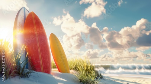 3D rendering, surfboards on the beach with blue sky and white clouds, grassy dunes, surfboard colors in yellow orange red