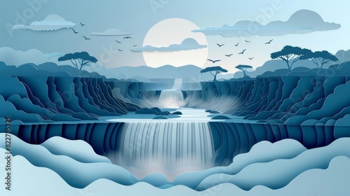 A beautiful landscape of a waterfall in a paper cut art style