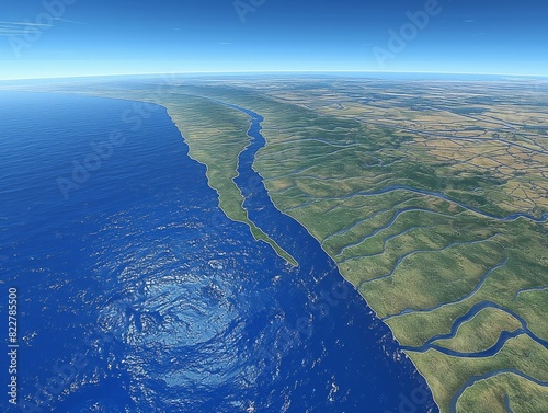A computer generated image of a large body of water with a green land mass in the middle