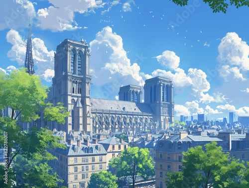 A beautiful cityscape with a large cathedral in the background. The sky is blue and there are clouds in the background. The city is bustling with activity