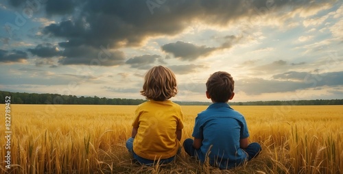 Two small children, a boy and a girl, sitting on the grass, symbolizing childhood and friendship.