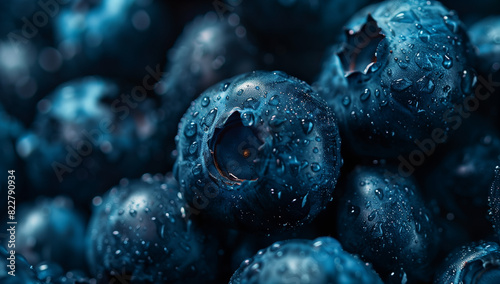 Closeup of fresh blueberries, vibrant and juicy against a dark background