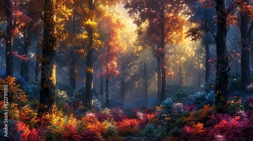 Evening light casting a warm glow on a forest, with tall trees and colorful underbrush creating a serene and reflective mood. Illustration image,