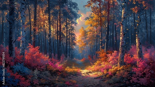 Evening light casting a warm glow on a forest, with tall trees and colorful underbrush creating a serene and reflective mood. Illustration image,
