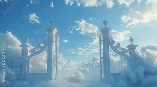majestic 3d illustration of heavenly gates in cloudy sky