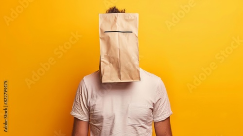 man with paper bag over head on yellow background hiding identity and emotions concept photo 6